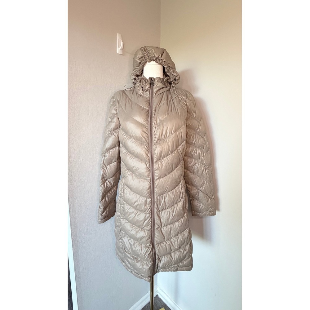 Calvin Klein Down Puffer Coat M Champagne Packable Premium Hooded Long Chevron